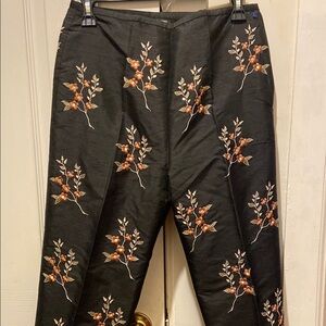Karen Kane Black Silk Dress Pants with Elegant Floral embroidered Design. New